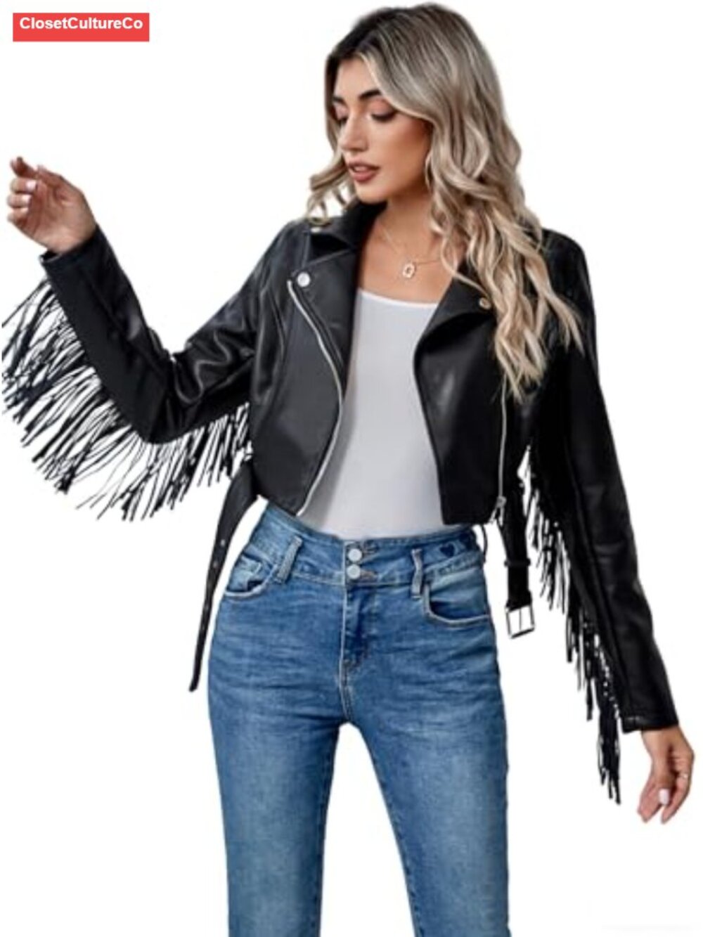 Faux Leather Moto Biker Jacket Belted Tassel Trim Fringe Western